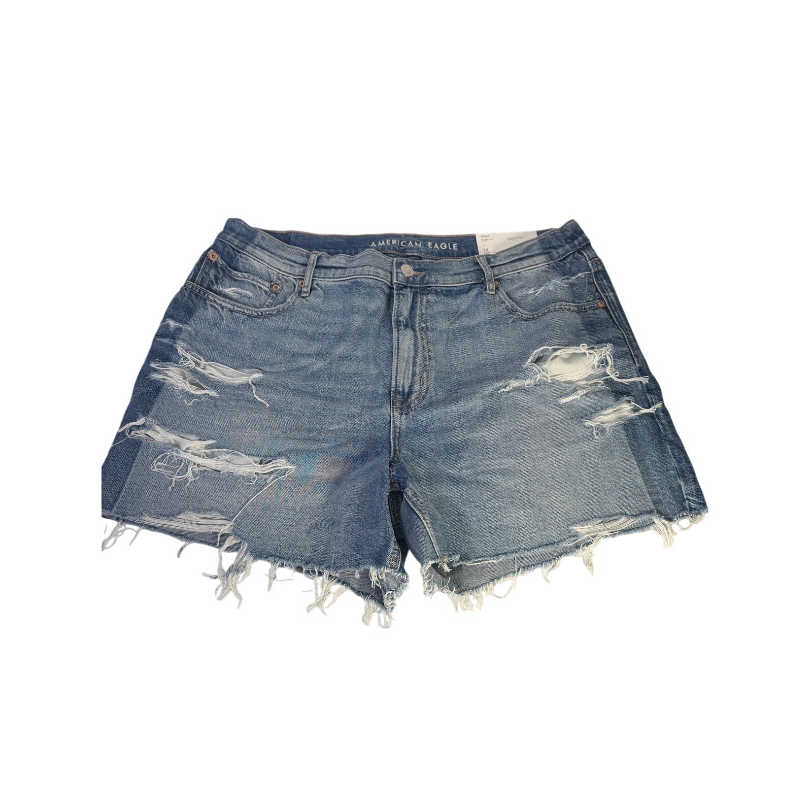 American Eagle Strigid relaxed high-rise distressed denim shorts for women, size 14, featuring frayed edges and faded denim.