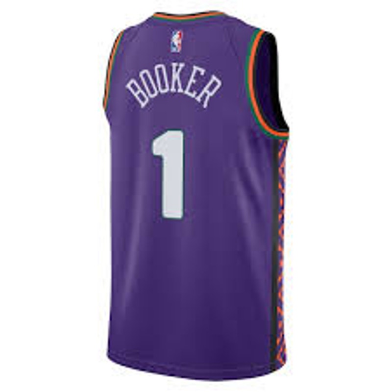 Nike Phoenix Suns Devin Booker #1 youth jersey in purple, size L 14/16, featuring team logo and player name on the front.