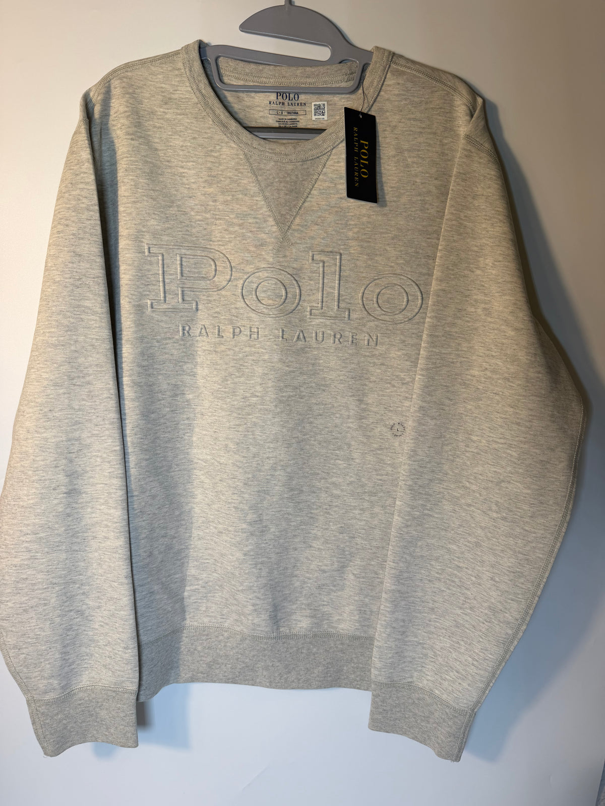 Gray Polo Ralph Lauren men's logo sweatshirt with crewneck, large size, featuring the signature Polo Ralph Lauren logo on the front.
