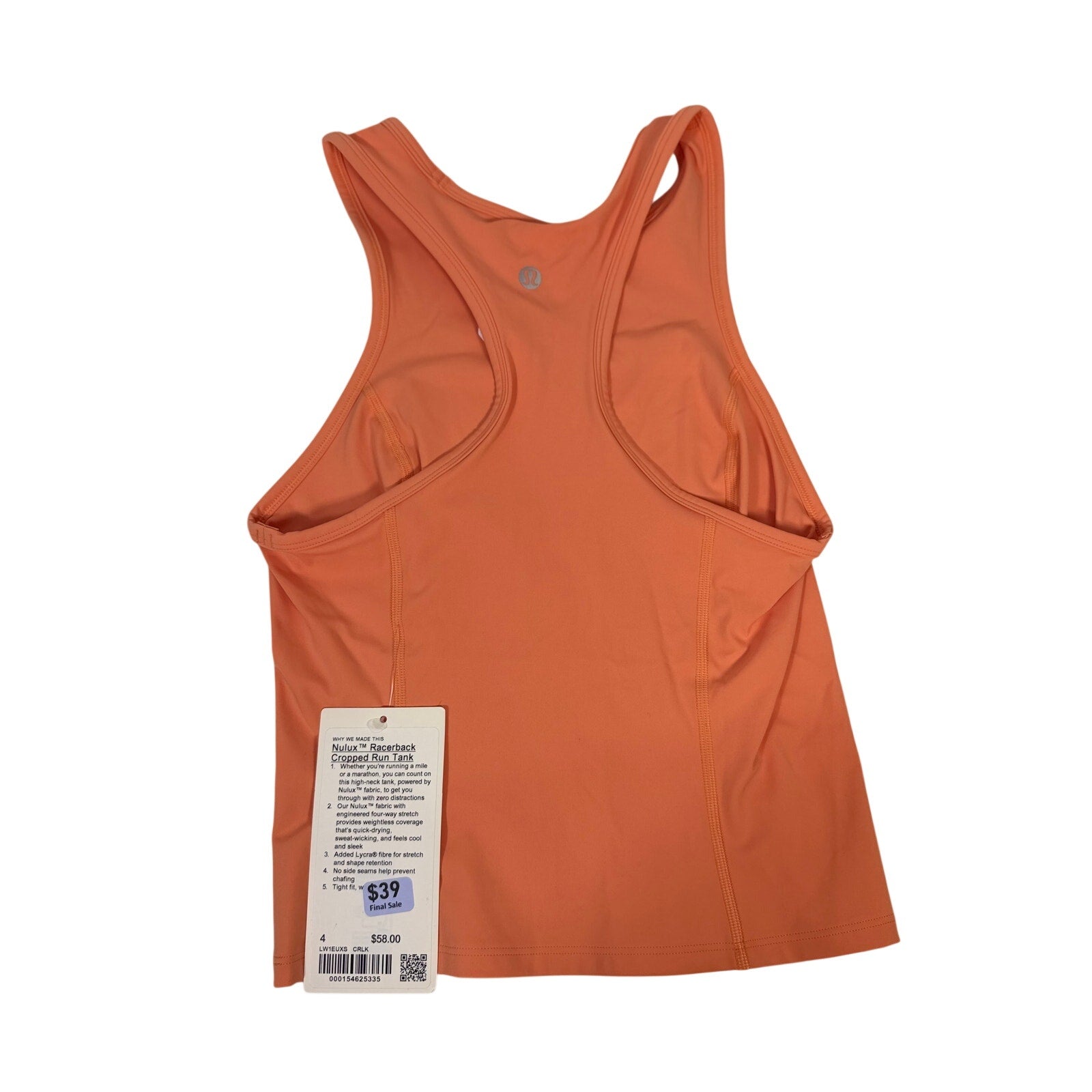 Lululemon Nulu Racerback Cropped Run Tank Top for women in coral, size 4, featuring a lightweight, breathable athletic design.