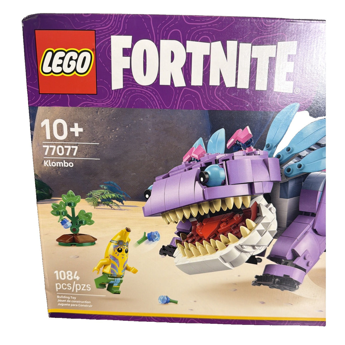 Sealed LEGO Fortnite Klombo building set with 1084 pieces, includes colorful brick parts for constructing the Klombo figure.
