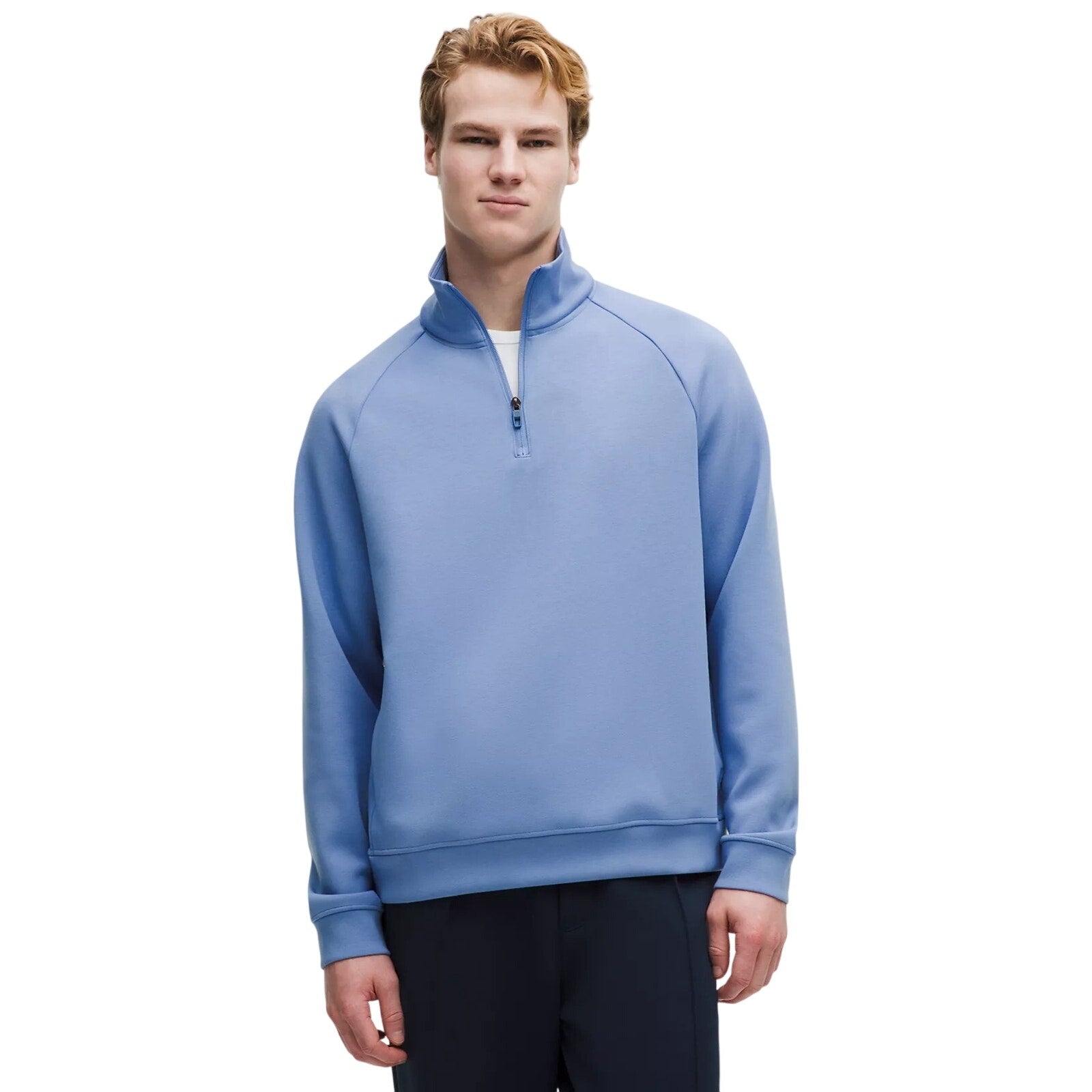 Men's blue Lululemon Smooth Spacer Quarter Zip sweatshirt, small size, close-up view showing fabric texture and quarter zip detail.