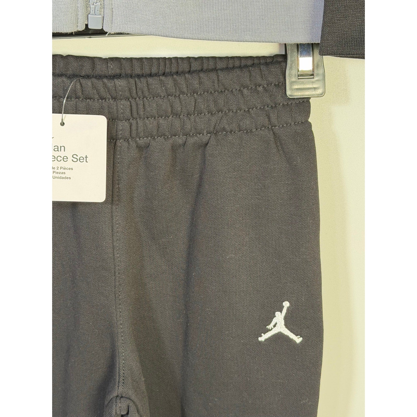 Jordan boys' 2-piece hoodie and jogger pants set in gray, black, and orange, size 4T, featuring sporty casual clothing.