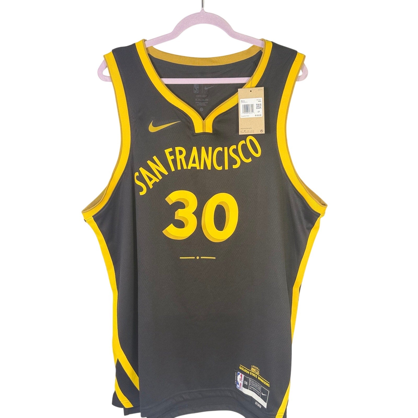 Nike Stephen Curry Golden State Warriors men's XXL black and yellow swingman basketball jersey with team logo and player name.