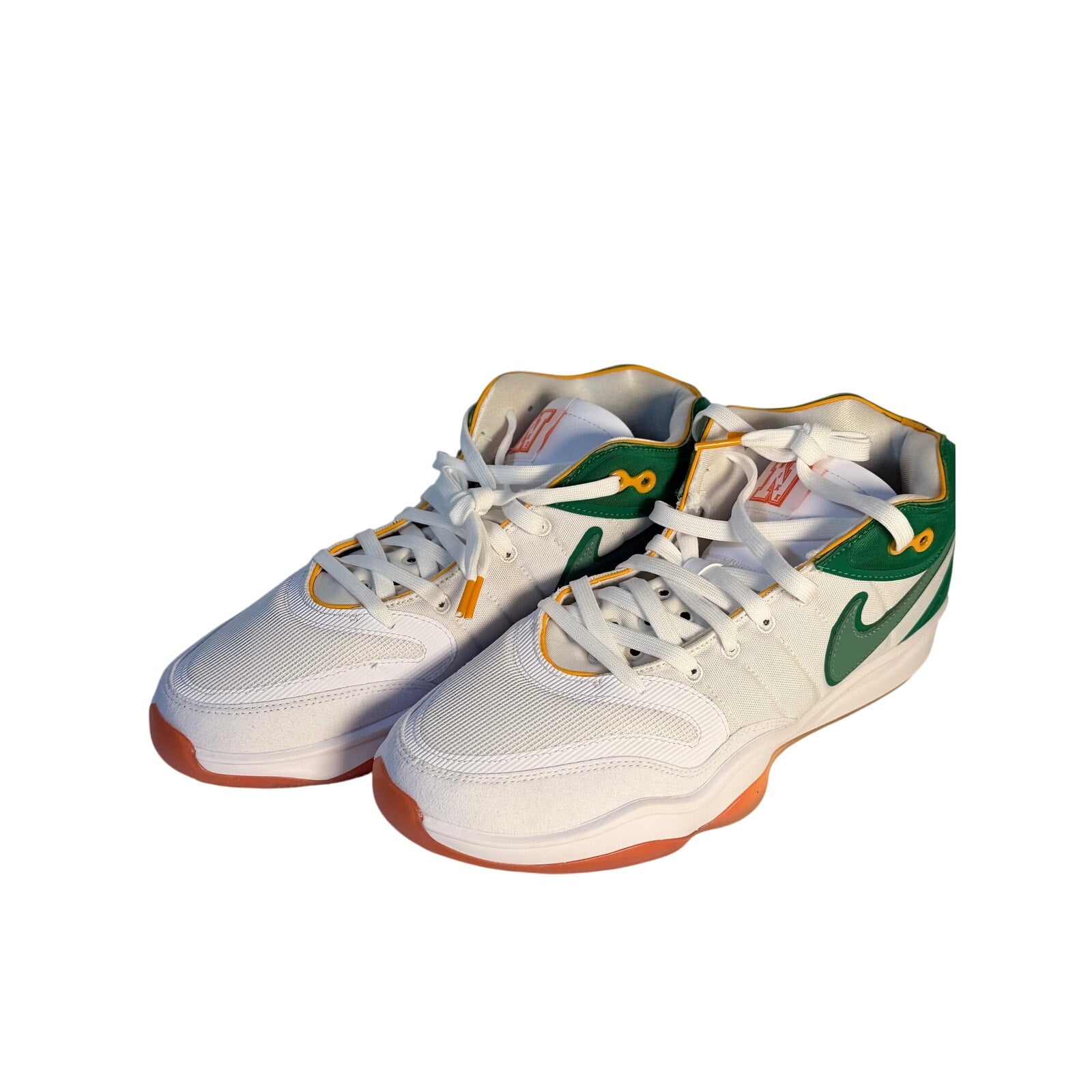 Nike men's white athletic sneakers with green and orange accents, size 10.5, casual Nike sneakers for athletic and everyday wear