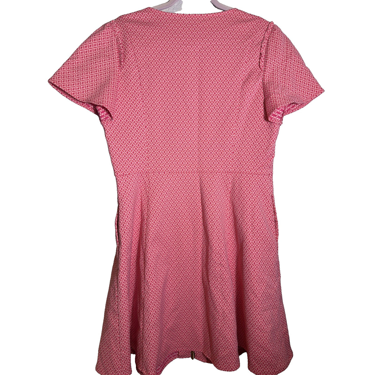 Draper James pink geometric jacquard fit and flare dress with short sleeves, zip front, women's size 14, pre-owned.