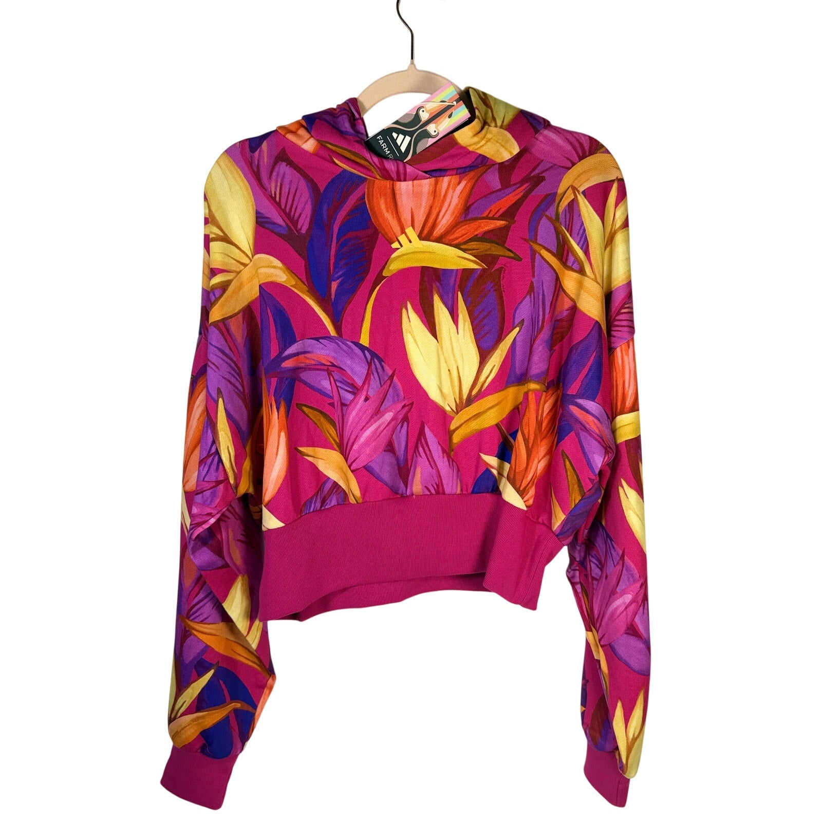 adidas x FARM Rio women's tropical floral cropped hoodie in pink multicolor with floral print, size XL, front view