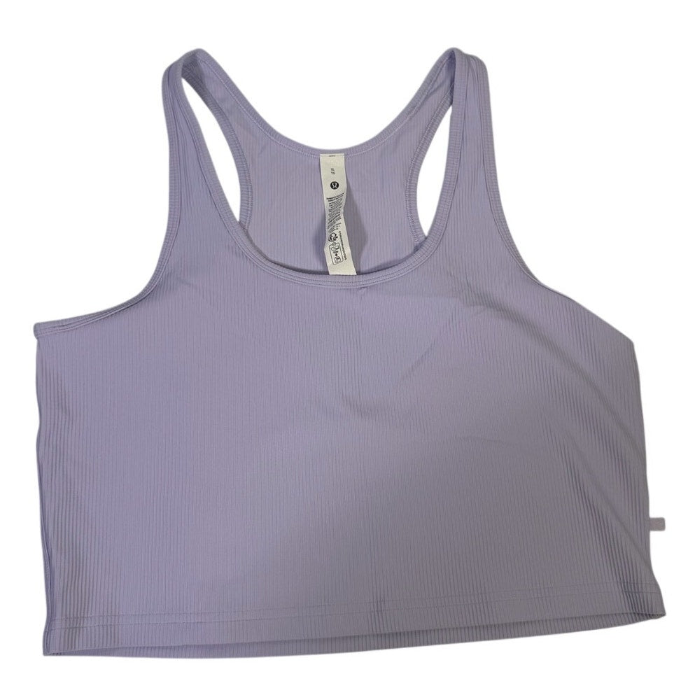 Lululemon Power Pivot Training Tank Top in Lavender Frost, size XL, displayed flat with fabric details and branding visible.