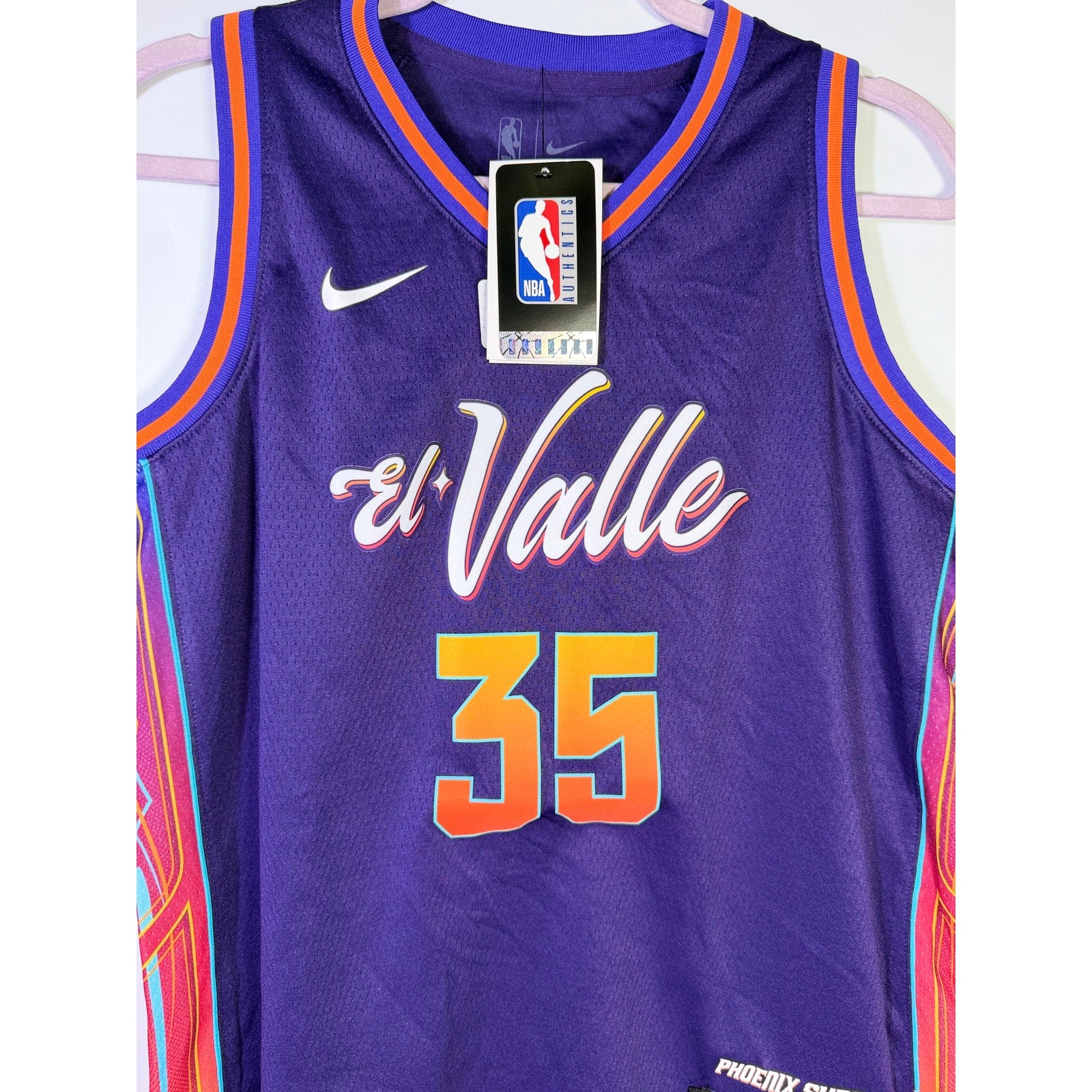 Nike Phoenix Suns Kevin Durant #35 El Valle City Edition youth jersey in size L, featuring team logo and Durant's name.