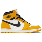Nike Air Jordan 1 Retro High OG Yellow Ochre athletic shoes for grade school size 6Y, new in box, featuring yellow and black design.