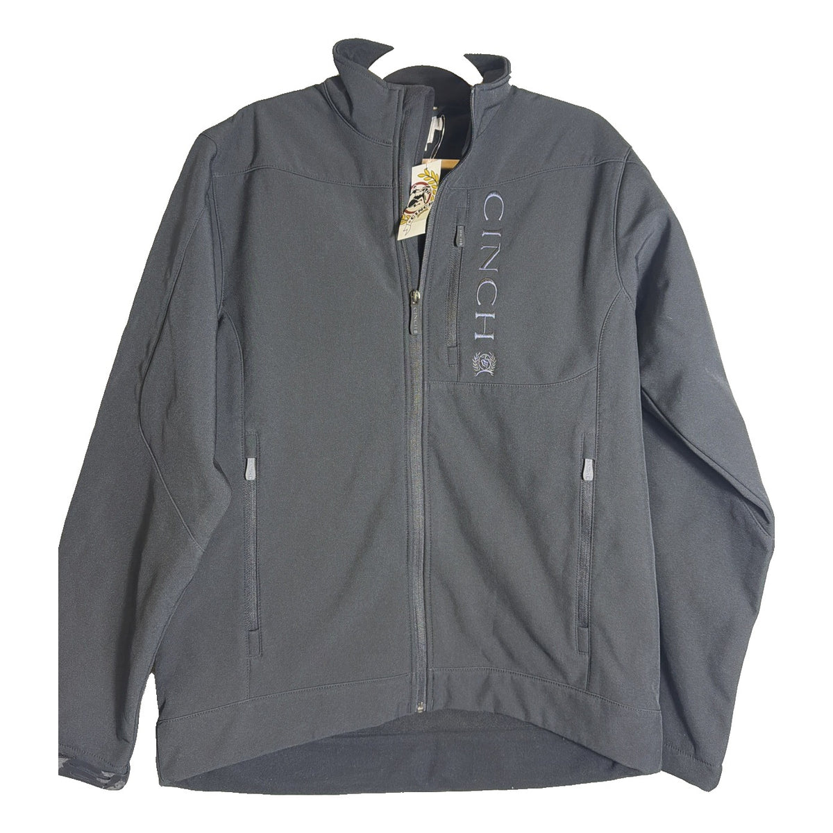 Men's black Cinch bonded softshell jacket with embroidered logo, size small, shown front view with zipper and collar.
