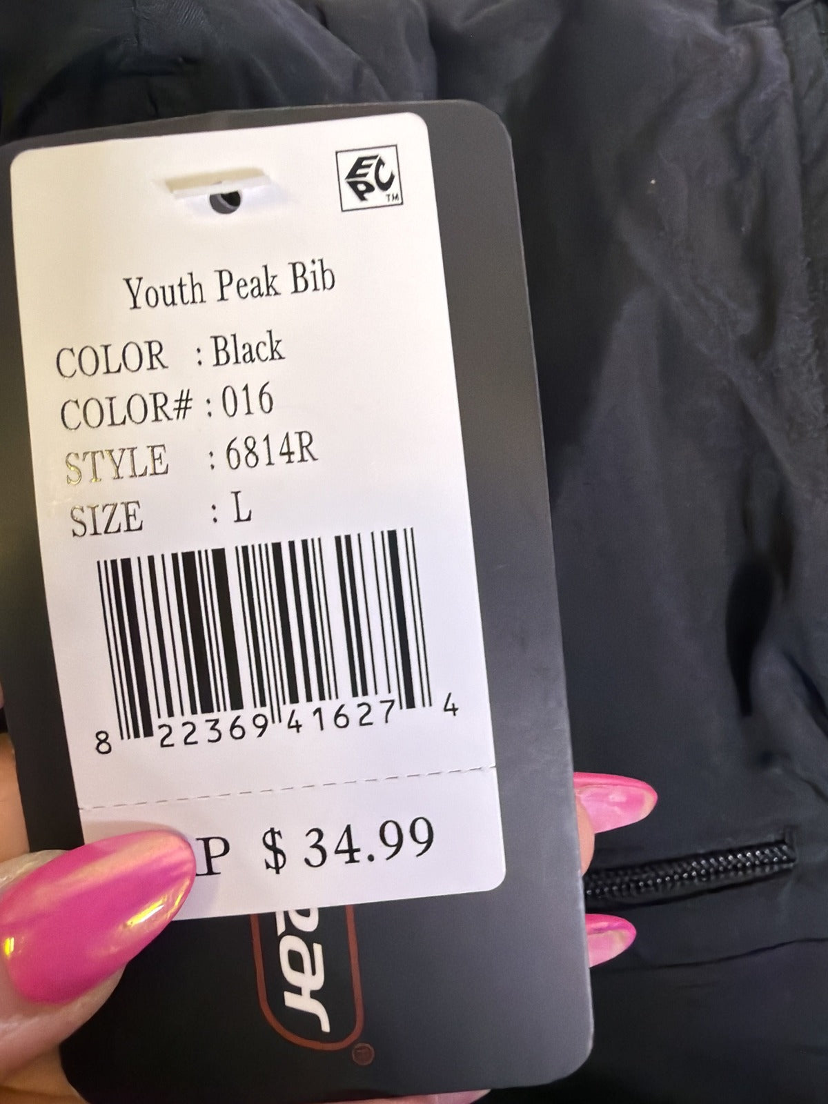 Black Outdoor Gear Youth Peak Bib Snow Pants for kids, insulated ski bib overalls, size L, suitable for winter outdoor activities.