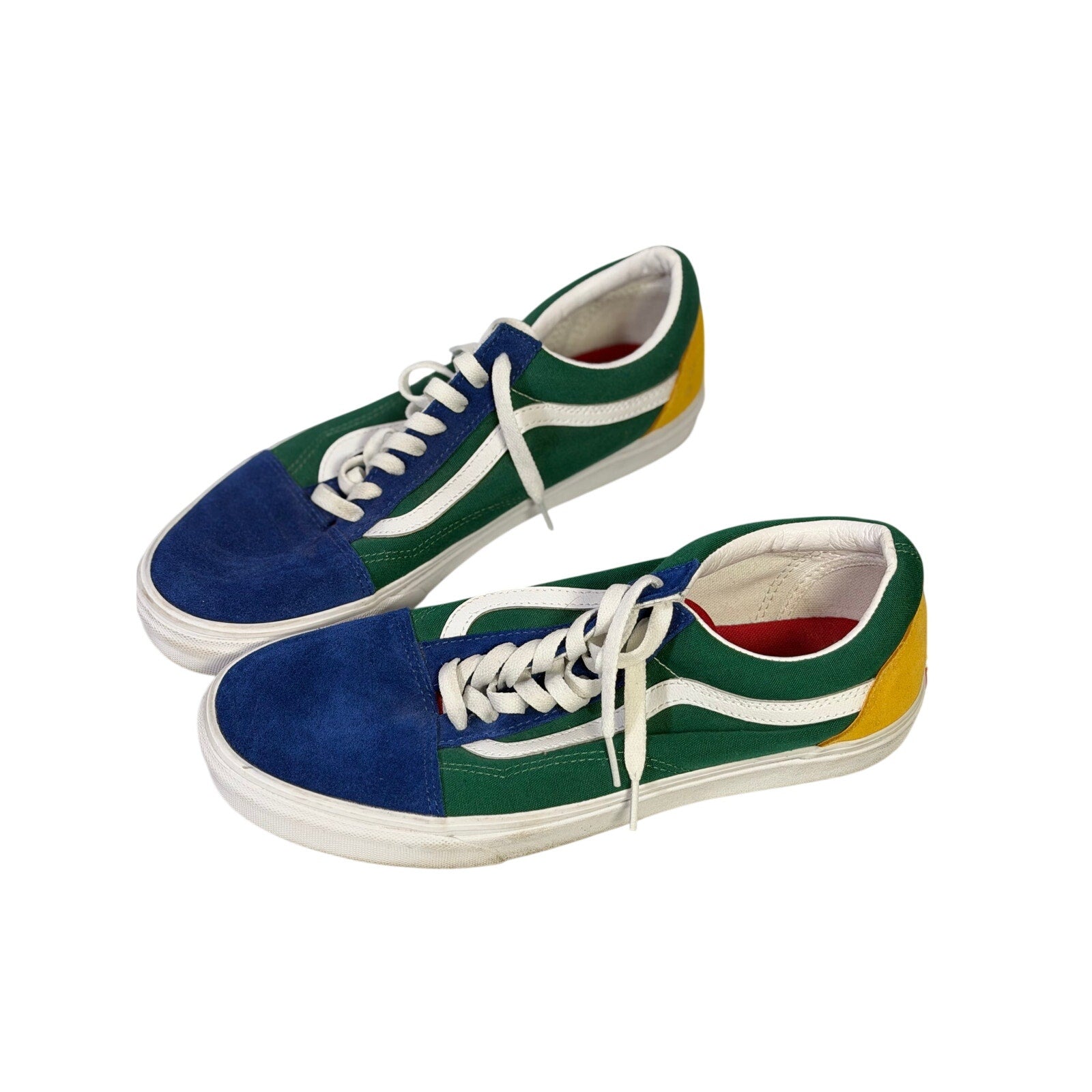 VANS Old Skool colorblock green, blue, and white sneakers for men’s size 10.5 and women’s size 12, featuring classic skate shoe style.