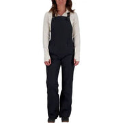 Obermeyer women's insulated ski snow bib overalls in black, size 8, showing the front view with adjustable straps and waterproof fabric.