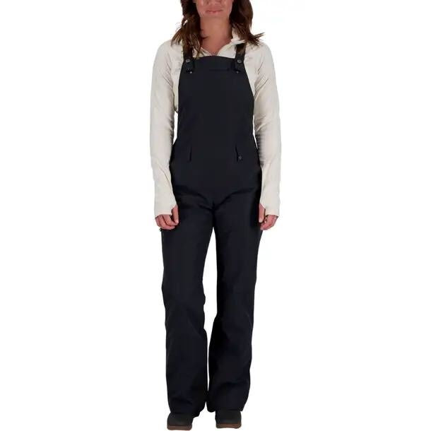 Obermeyer women's insulated ski snow bib overalls in black, size 8, showing the front view with adjustable straps and waterproof fabric.