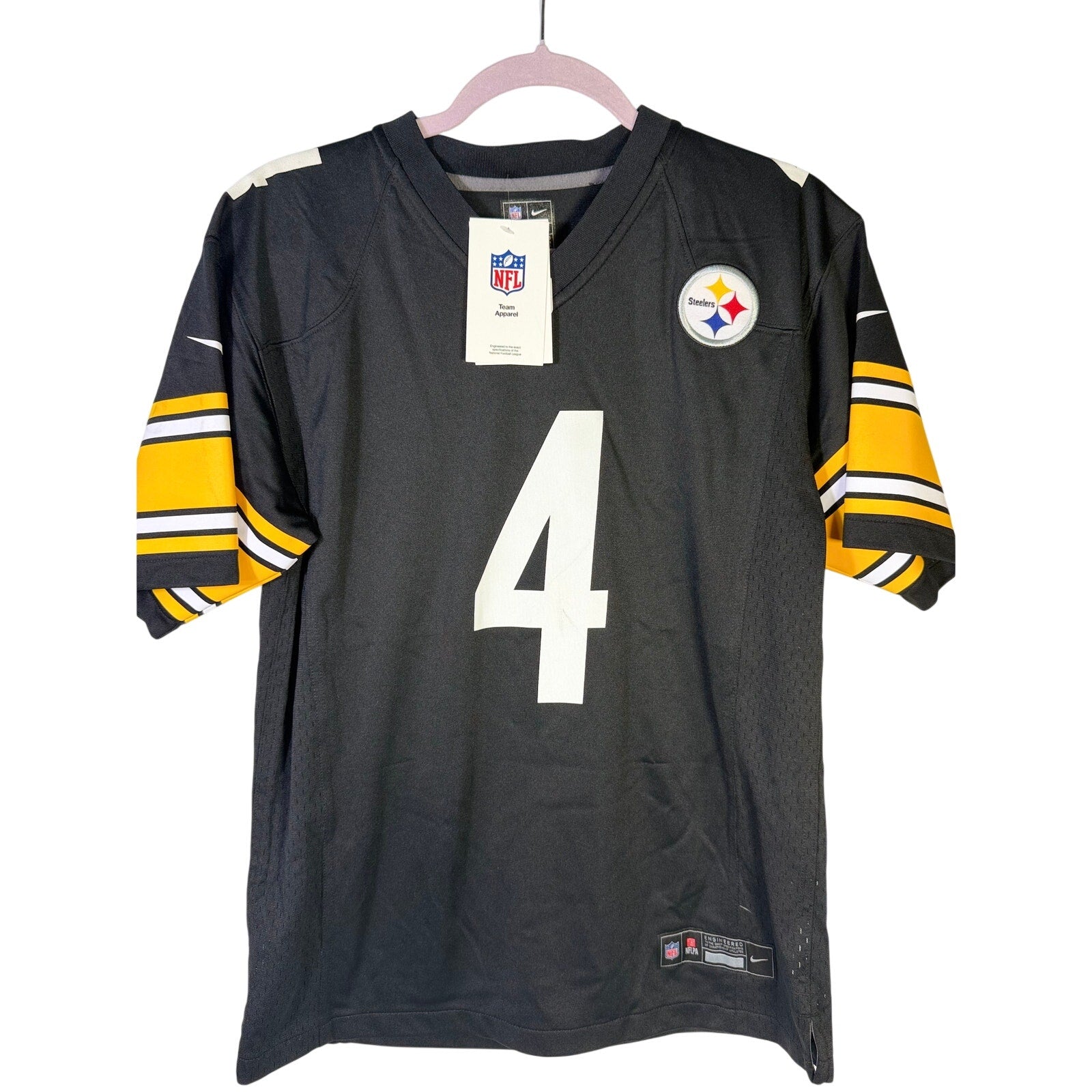 Nike Pittsburgh Steelers George Pickens #14 NFL men's large black game jersey displayed flat with team logo and player number.