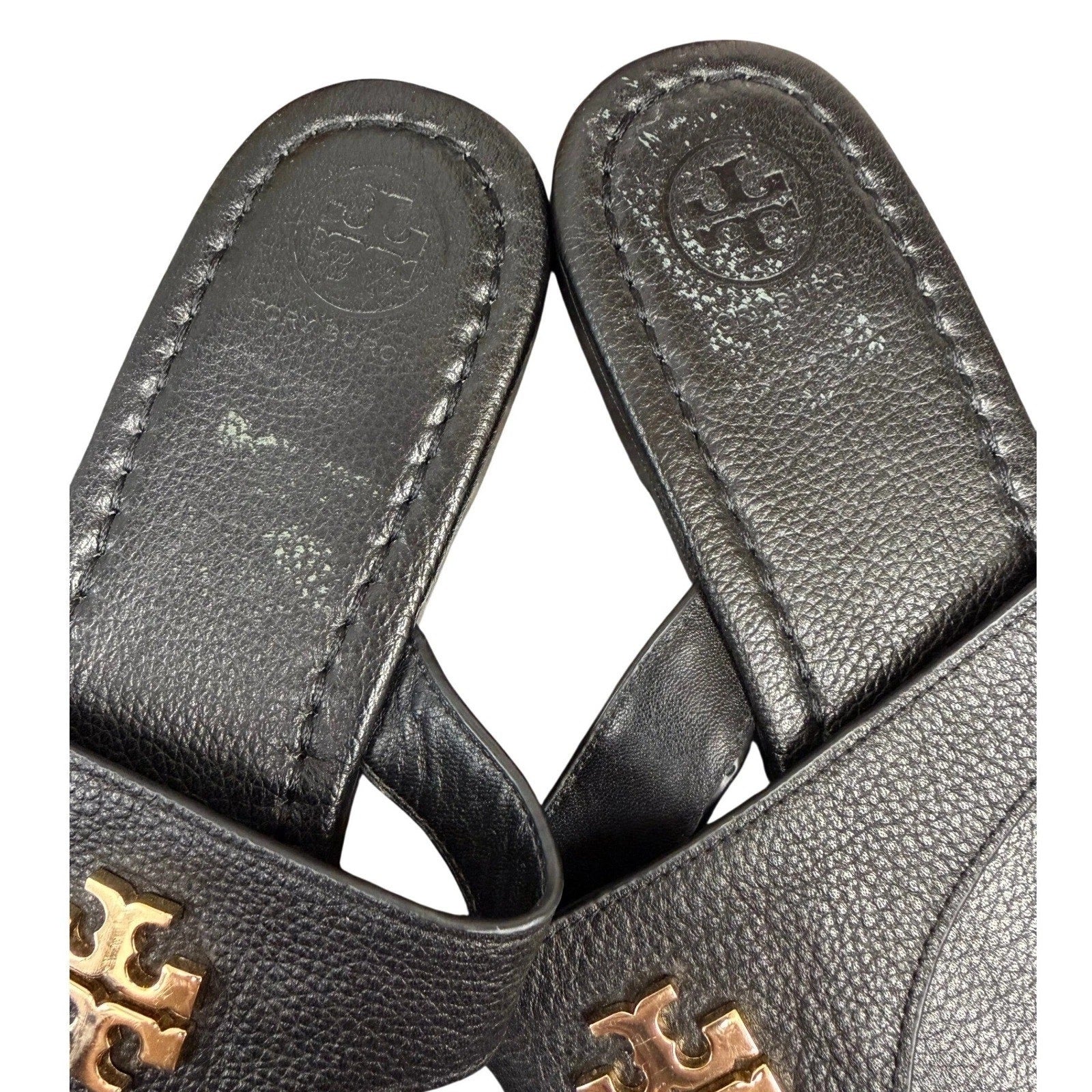 Tory Burch Laura Flat Thong Sandals Leather Black Gold Women's 10.5W
