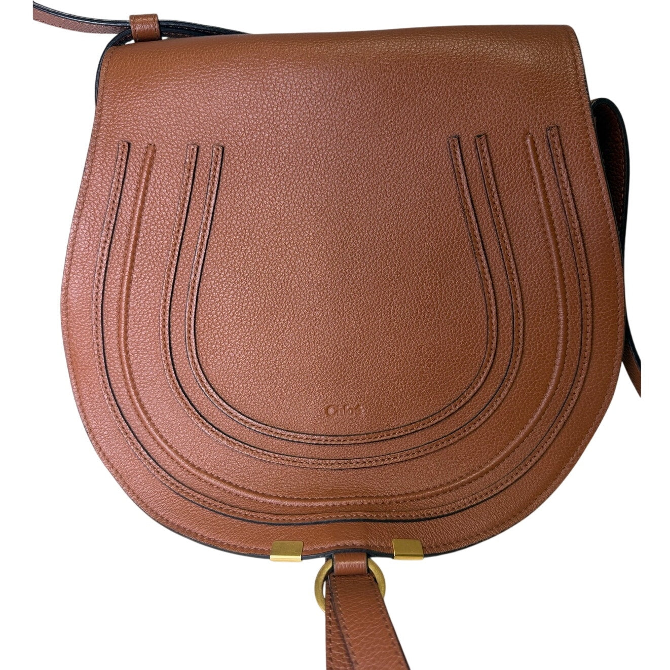 Chloé Marcie Medium Saddle Crossbody Bag Grained Calfskin Leather Gold Hardware – Brown