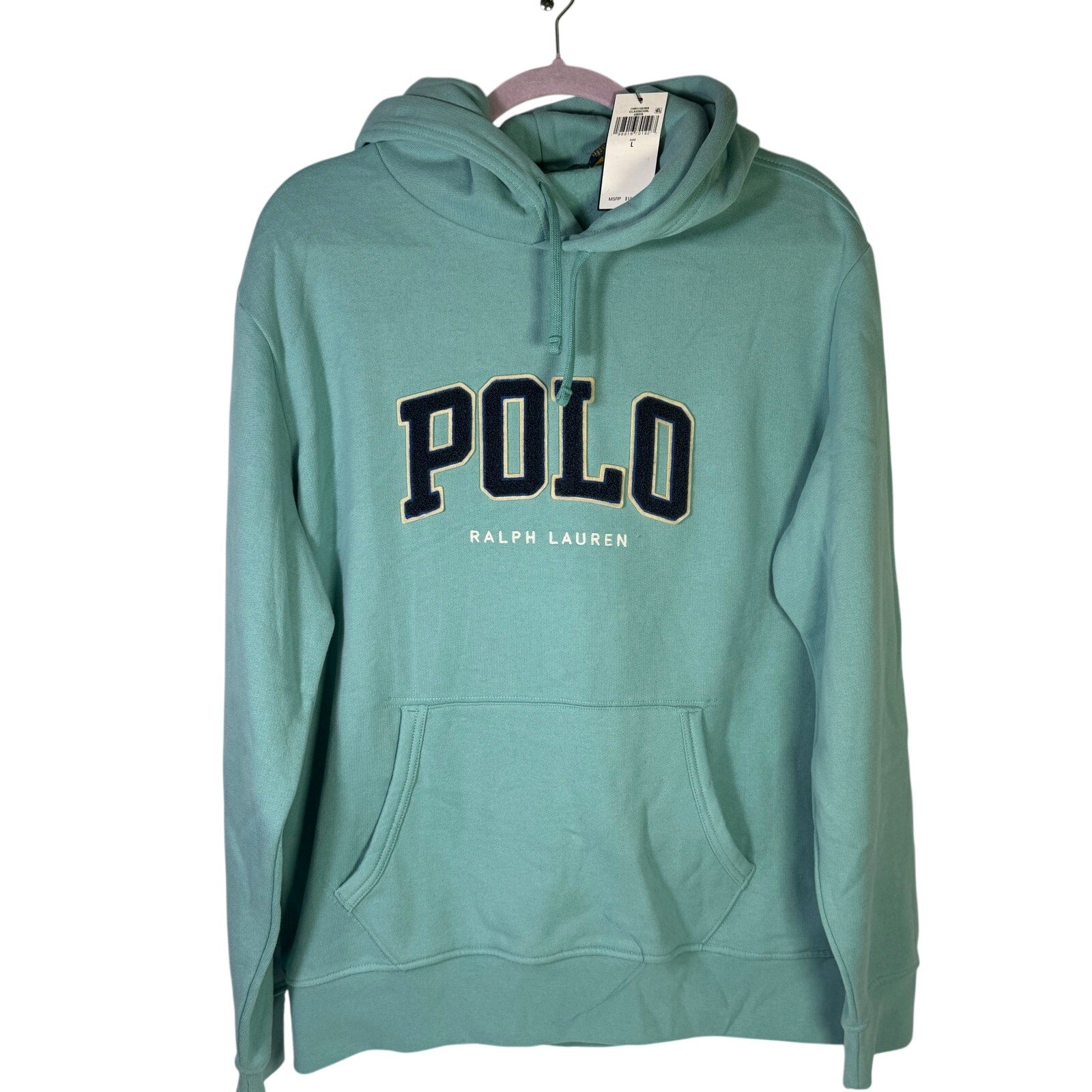 Green Polo Ralph Lauren men's classic fit logo pullover hoodie, size L, with front logo and cozy fabric.