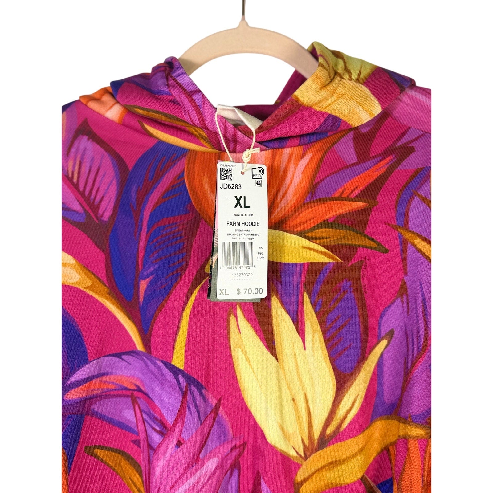 Pink adidas x FARM Rio women's tropical floral cropped hoodie with multicolor floral pattern and size XL, front view.