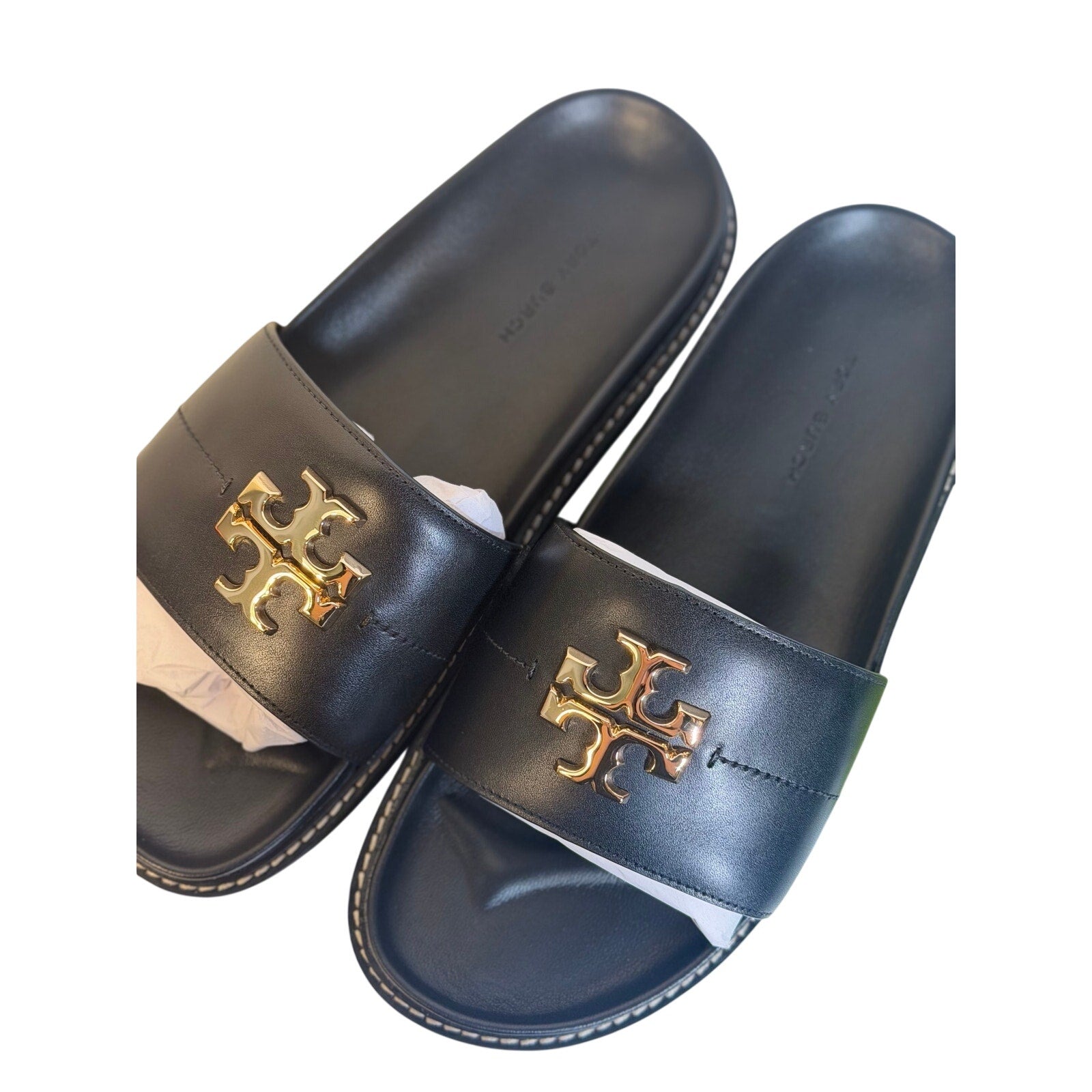 Tory Burch Everly Anatomic Lug Slide Sandals Black Gold Women’s Size 8