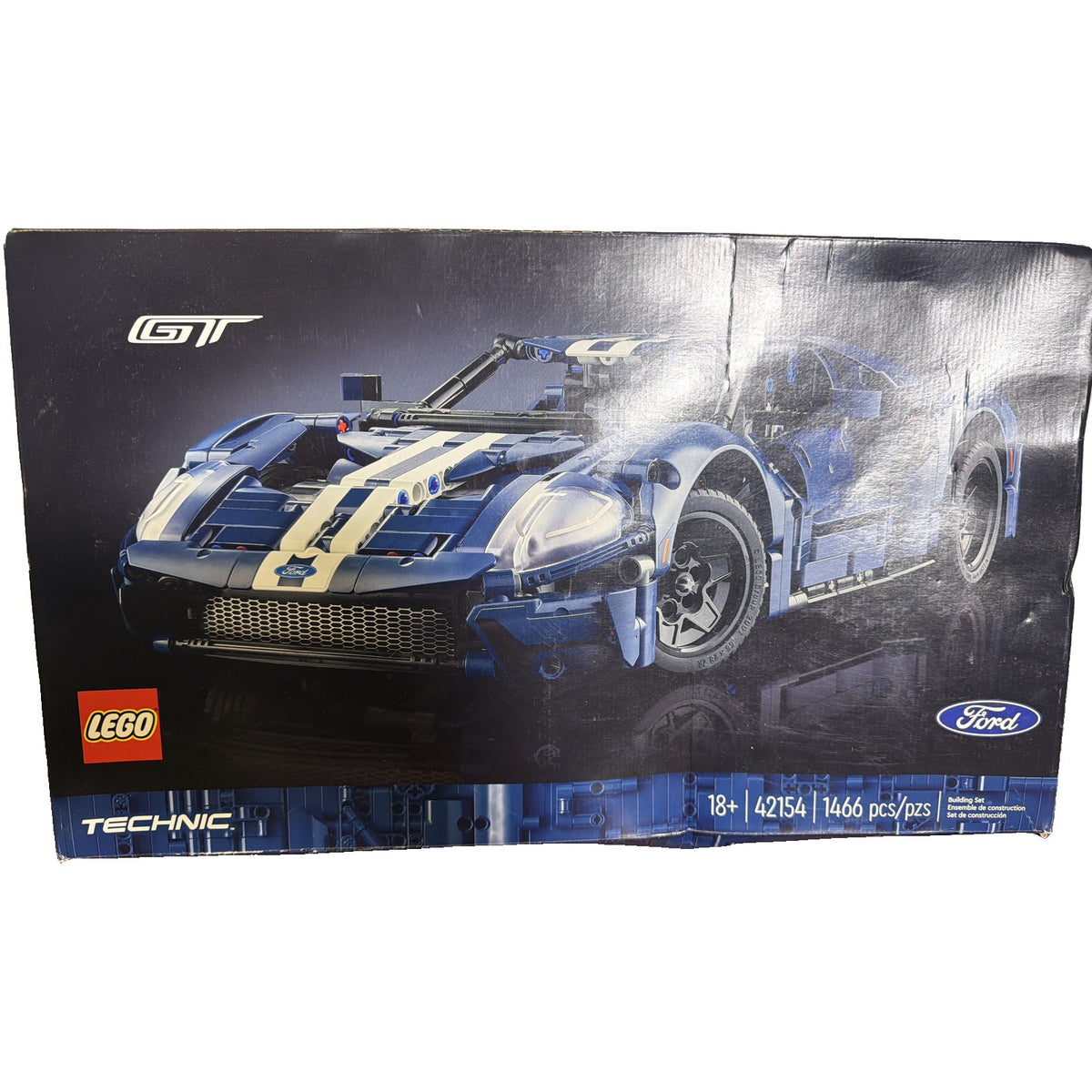 LEGO Technic Ford GT 42154 building set with 1466 pieces, new in box, featuring detailed model for adult building enthusiasts.
