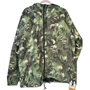 The North Face men's Antora rain hoodie in XXL, duck green prairie print, showcasing waterproof jacket with hood and outdoor style.
