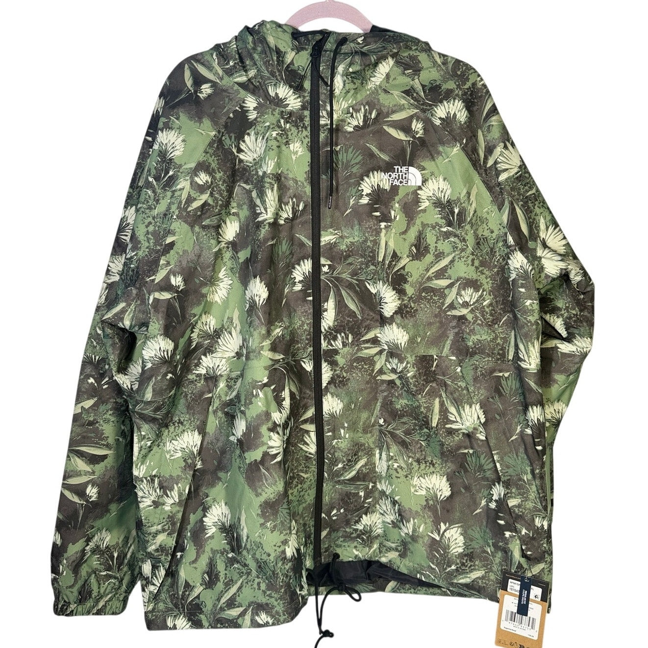 The North Face men's Antora rain hoodie in XXL, duck green prairie print, showcasing waterproof jacket with hood and outdoor style.