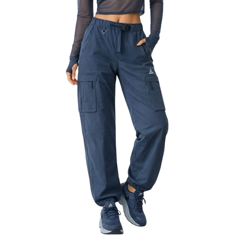 Nike ACG Smith Summit women's cargo pants in Thunder Blue, size L, featuring multiple pockets and a relaxed fit.