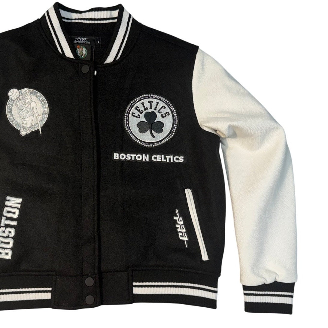 Pro Standard Boston Celtics varsity jacket in size small, featuring team logo and varsity style details from the Luxury Athletic Collection.