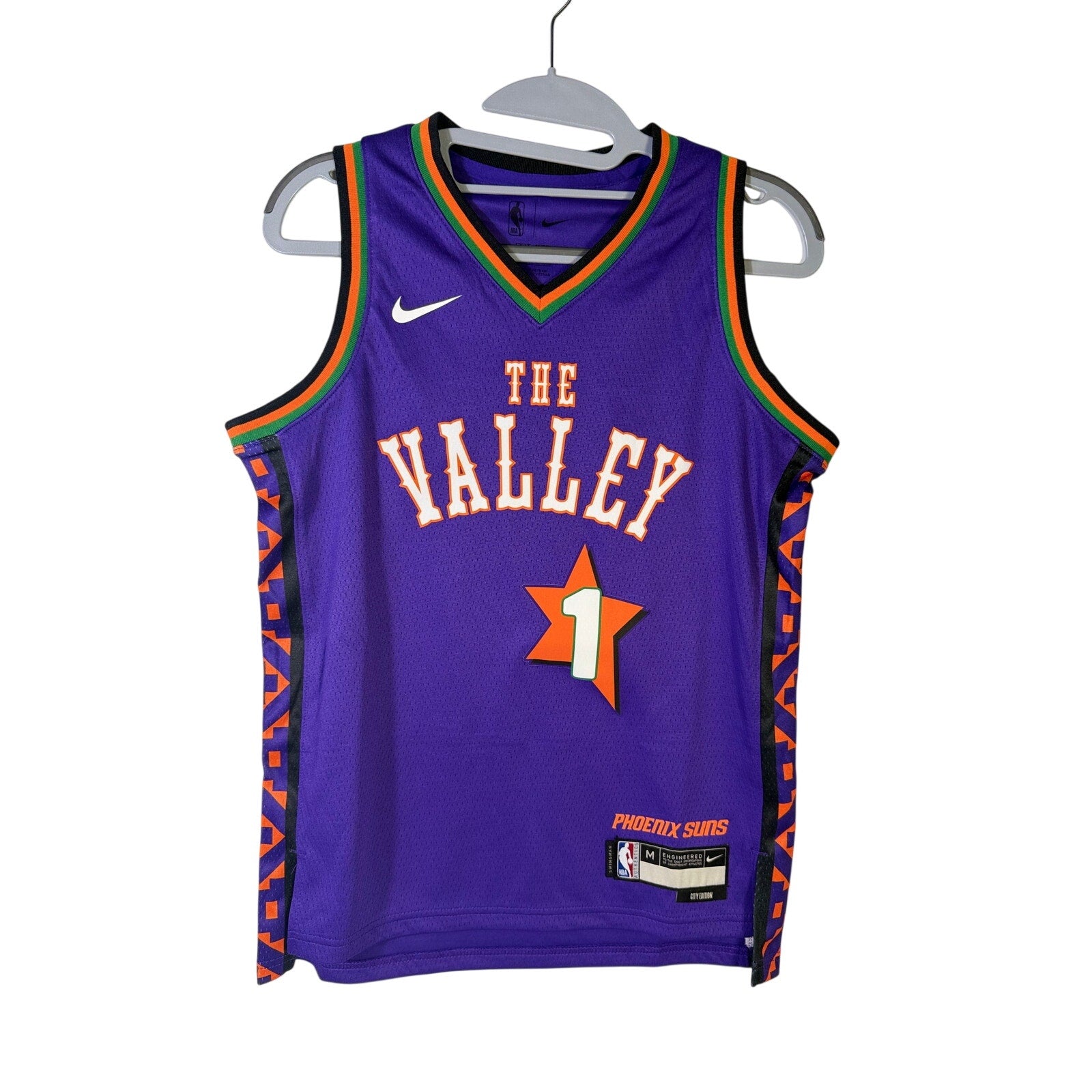 Nike NBA Phoenix Suns Devin Booker #1 City Edition youth swingman jersey, size medium, shown with team colors and team logo.