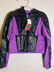 Free People Movement cropped hooded fleece jacket in violet and black, lightweight and cozy for casual wear.