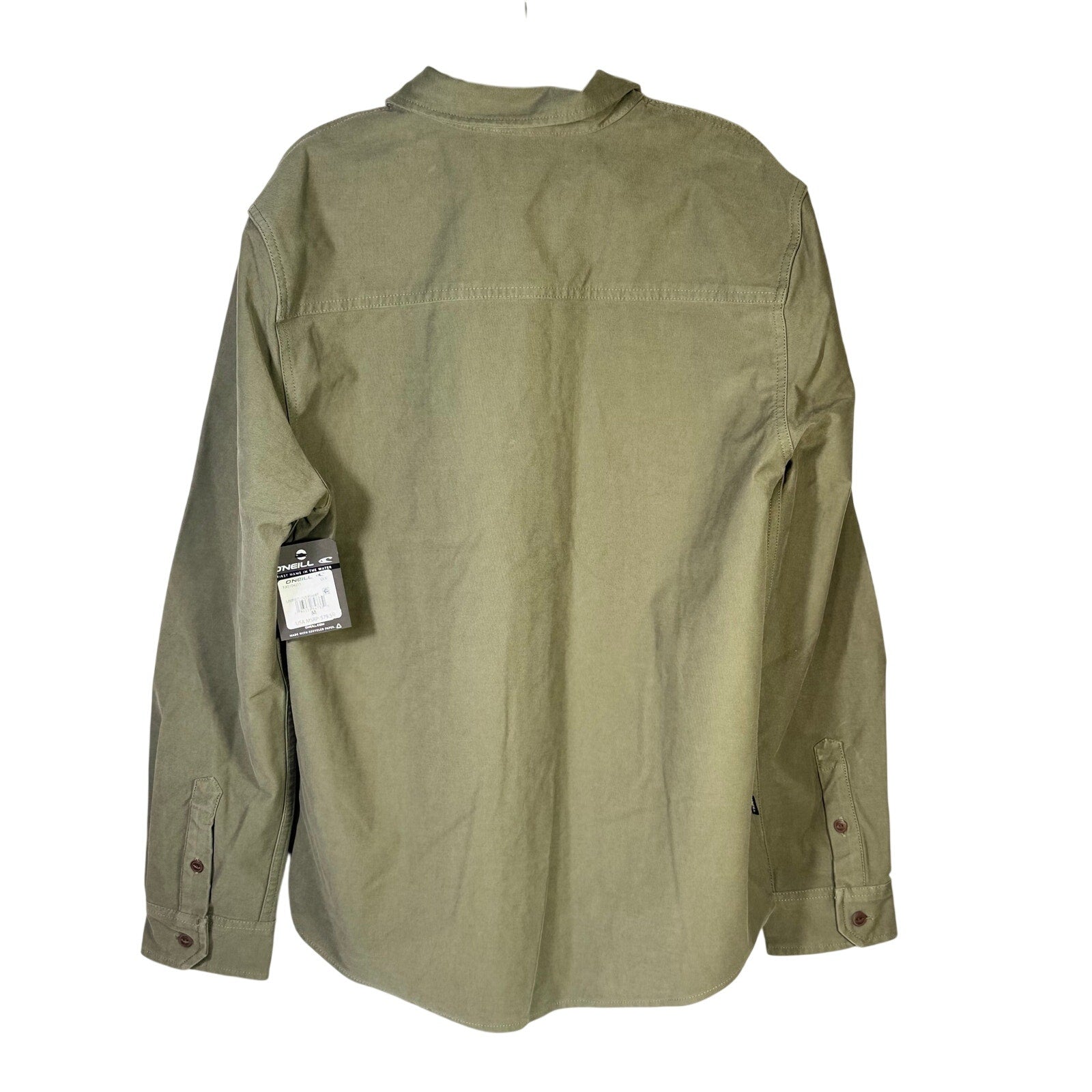 O’Neill men's olive green utility overshirt in size medium, shown flat with button details and chest pockets.