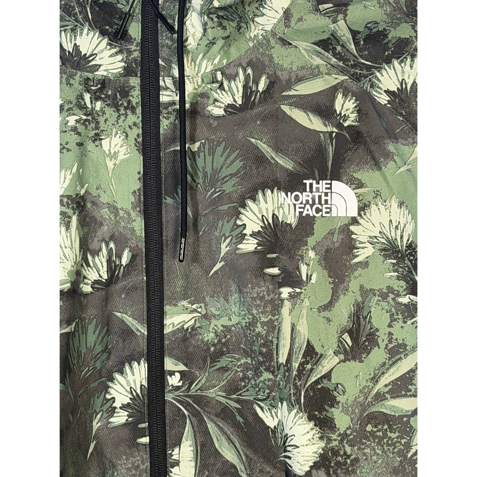 The North Face Men’s Antora Rain Hoodie in XXL, duck green prairie print, showing the waterproof jacket with hood and logo details.
