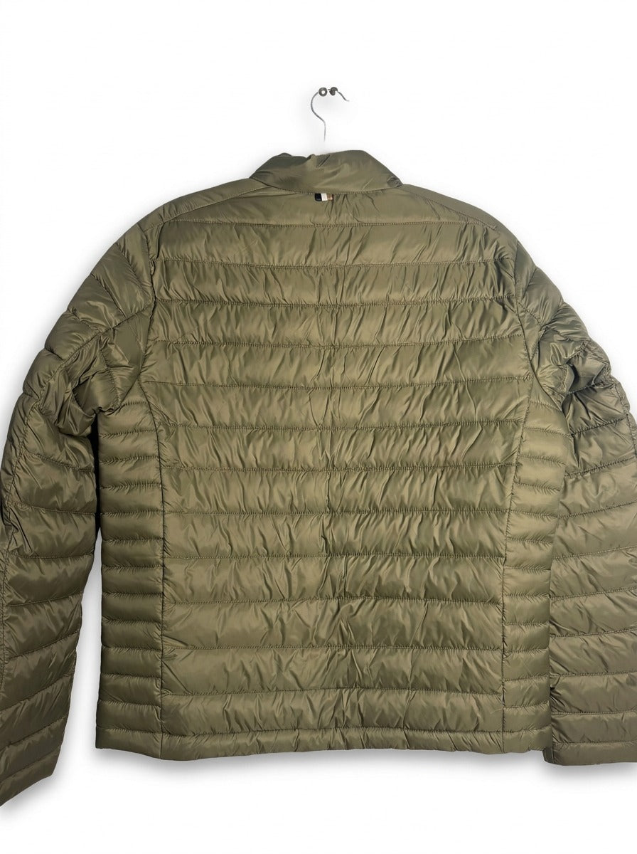 Men's BOSS Hugo Boss Calanos lightweight green puffer jacket, size 40R, with a sleek, quilted design and stand-up collar.