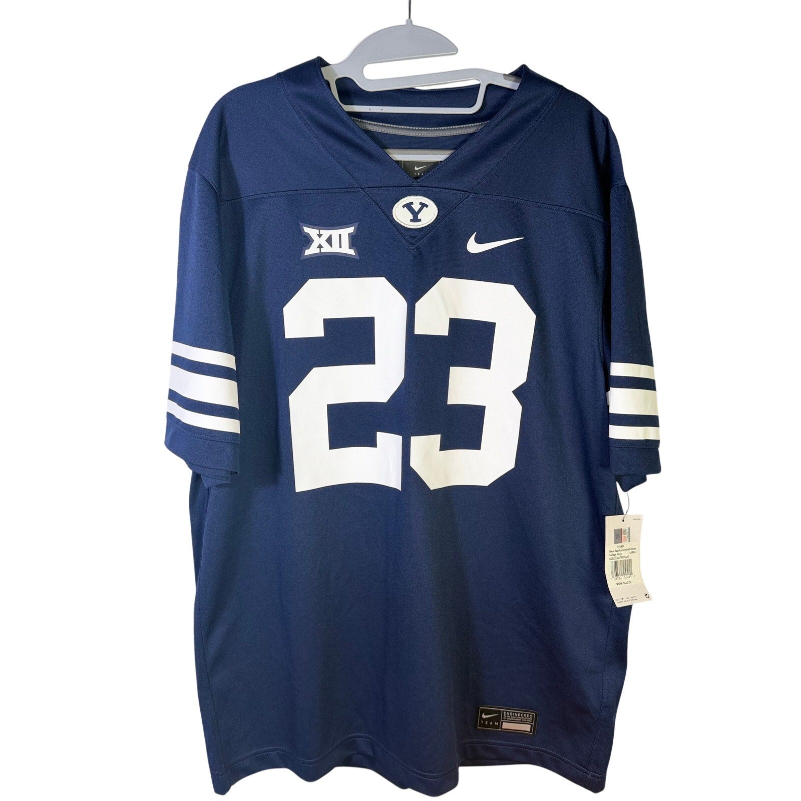 Nike BYU Cougars #23 replica football jersey for men, large size in navy, featuring team logo and player number.