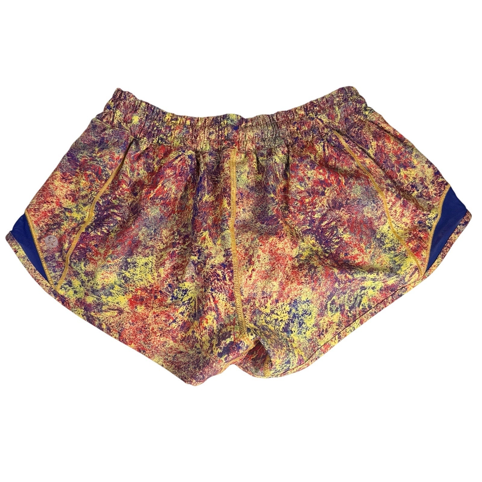 Lululemon women's multicolor printed running shorts in navy, size 6, featuring a lightweight, breathable athletic design.