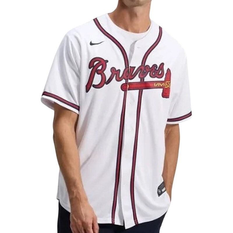 White Nike MLB T-shirt featuring Atlanta Braves player Matt Olson #28, with team logo and player name printed on the front.