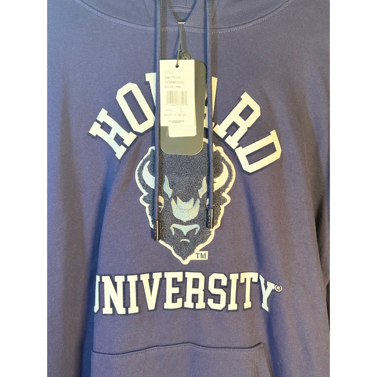 Men's navy Campus Crew Howard University Bison pullover hoodie, large size, with front logo and soft fabric.