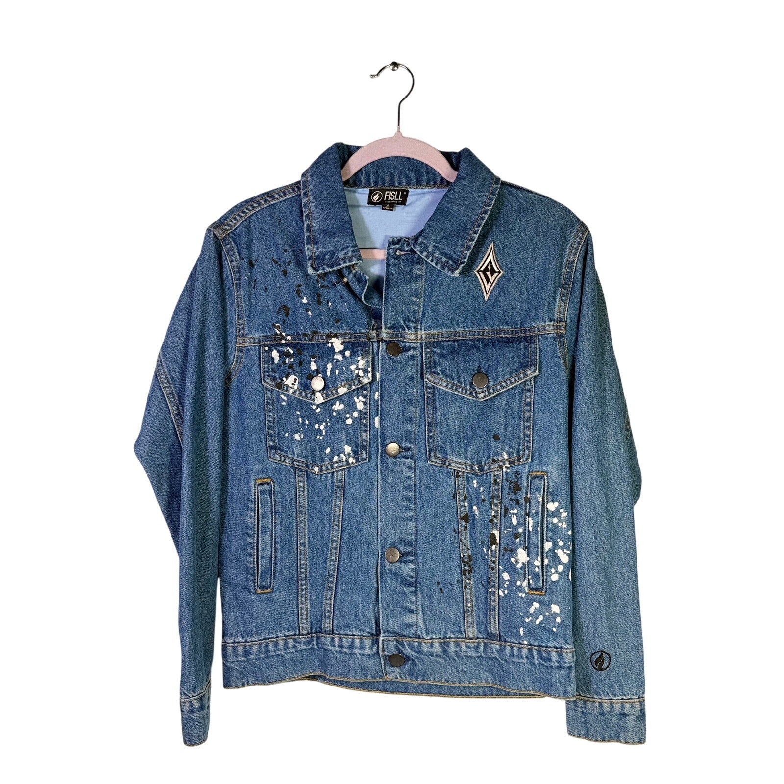 FISLL Las Vegas Aces A’ja Wilson #22 denim jacket in blue, size small, displayed hanging with front view.