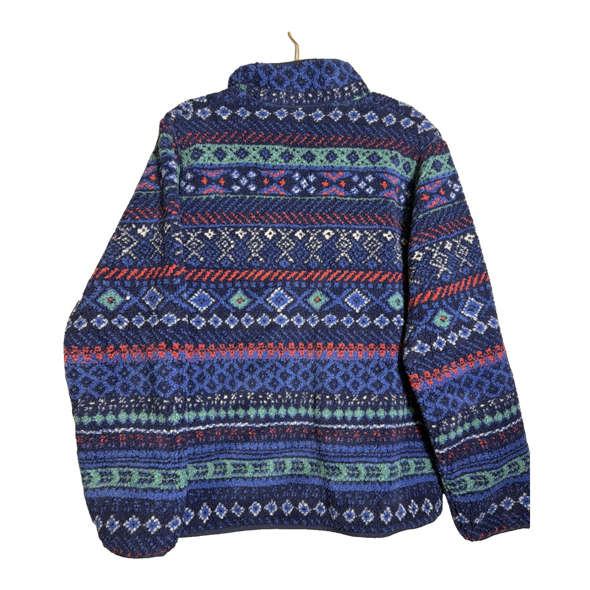 Alpine Design Sherpa full-zip fleece jacket in deep navy with fair isle pattern, men's size M, showing front view.