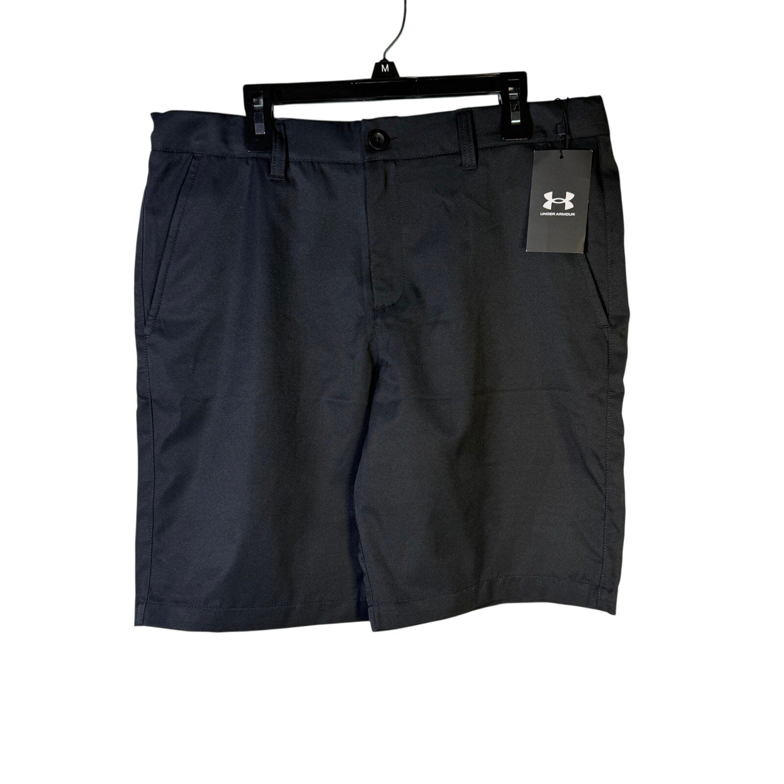 Black Under Armour Match Play golf shorts for boys, youth YXL size, made with performance stretch fabric for comfort and mobility.