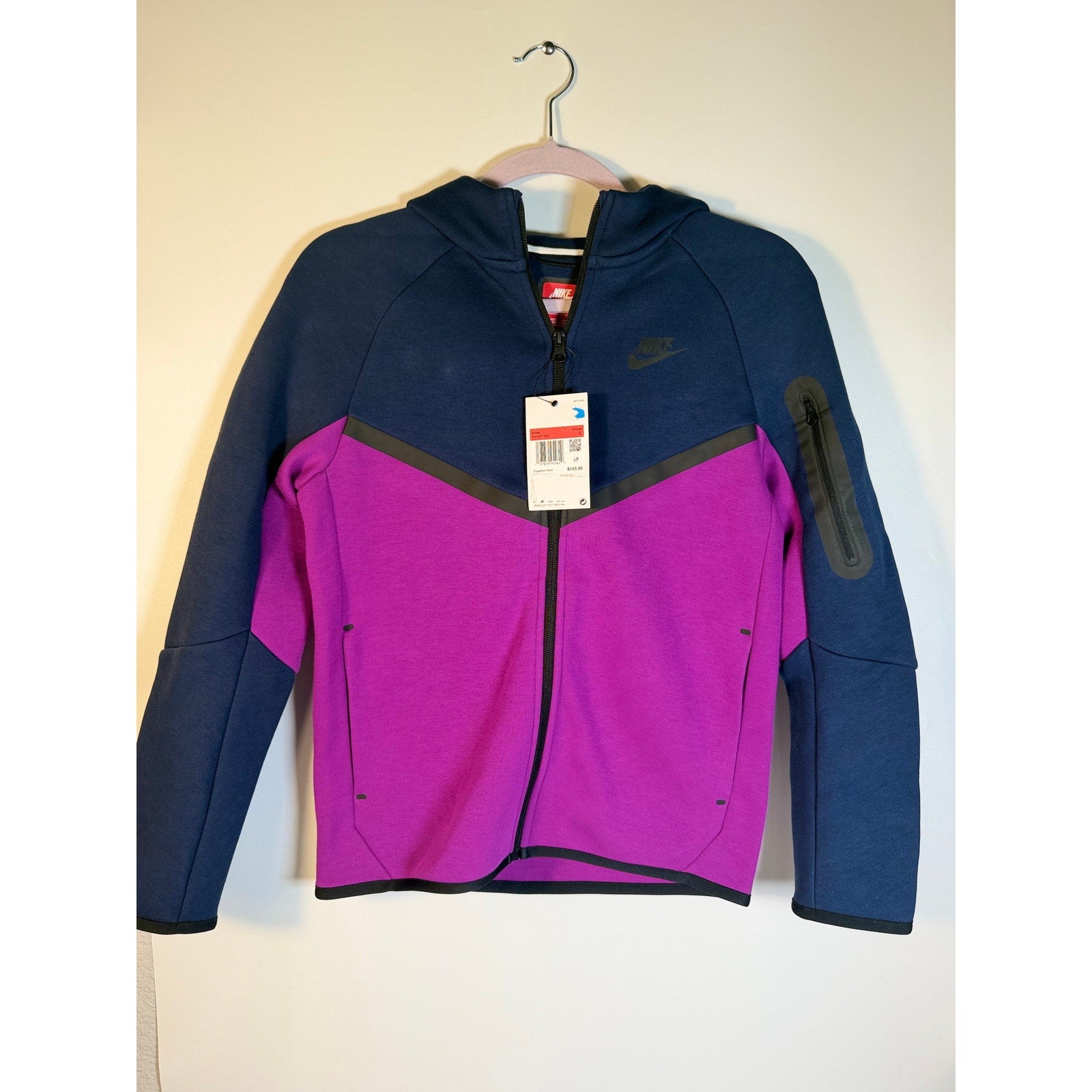 Nike Sportswear Tech Fleece hoodie for kids, full zip, in purple and blue, featuring a comfortable fleece fabric.