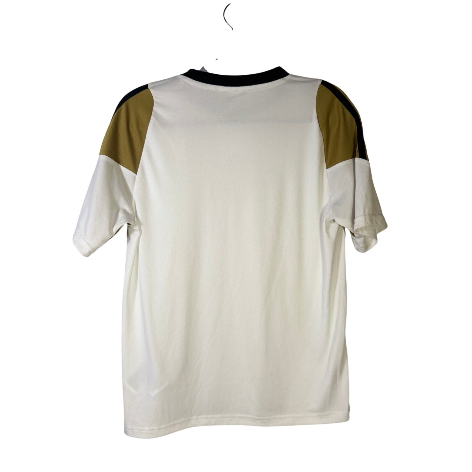 Youth large Adidas Messi training soccer jersey in white and gold, featuring team logo and athletic design.