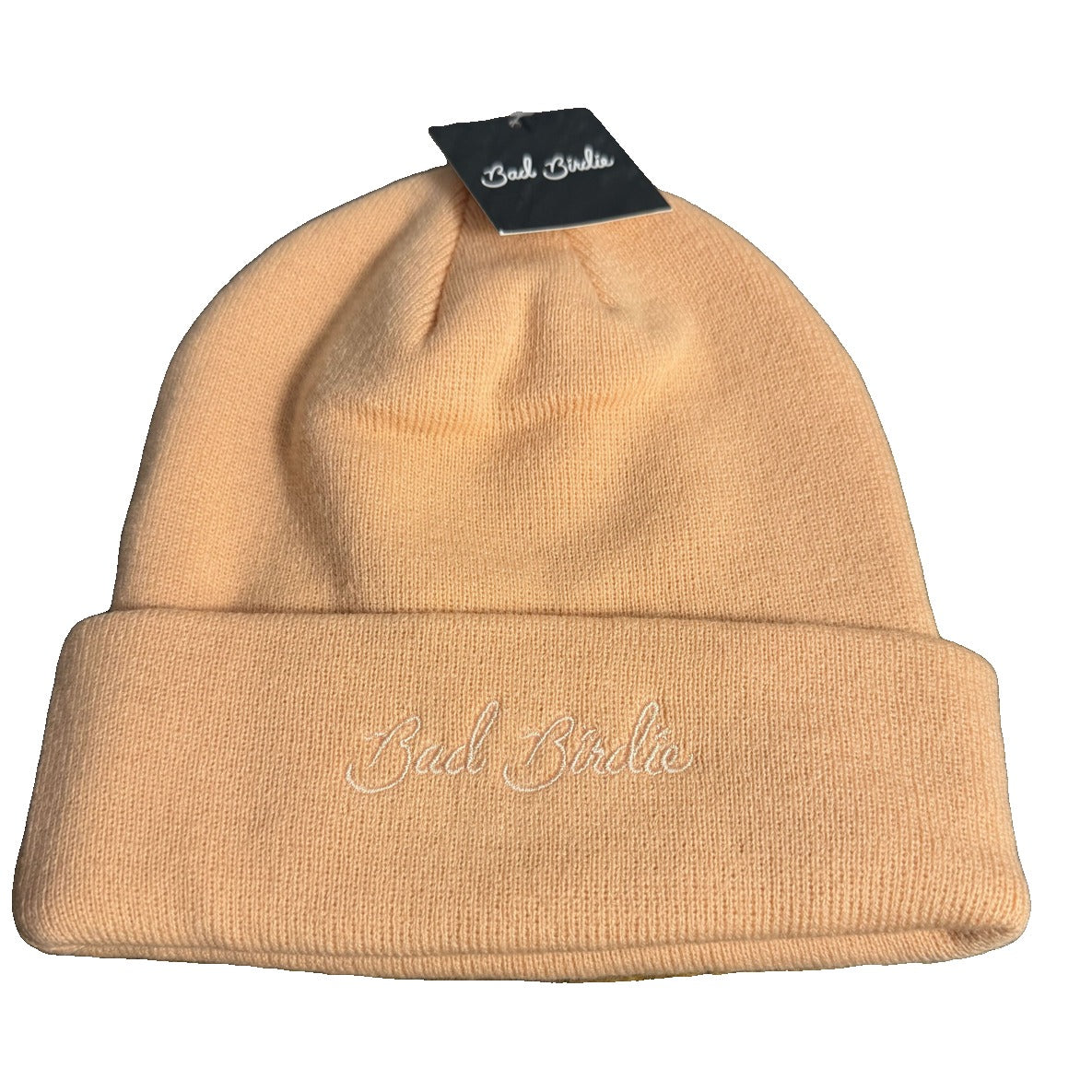 Bad Birdie peach cuffed knit beanie with embroidered script logo, soft knit hat in one size, stylish winter accessory