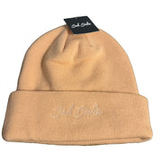 Bad Birdie peach cuffed knit beanie with embroidered script logo, soft knit hat in one size, stylish winter accessory