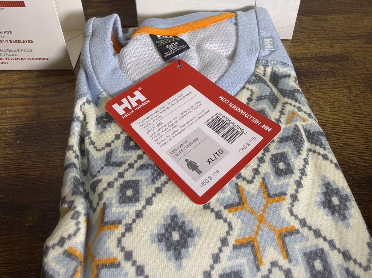 Helly Hansen Women's Lifa Merino midweight graphic crew base layer shirt with Baby Trooper Star Pixel design, size L, new with tags.