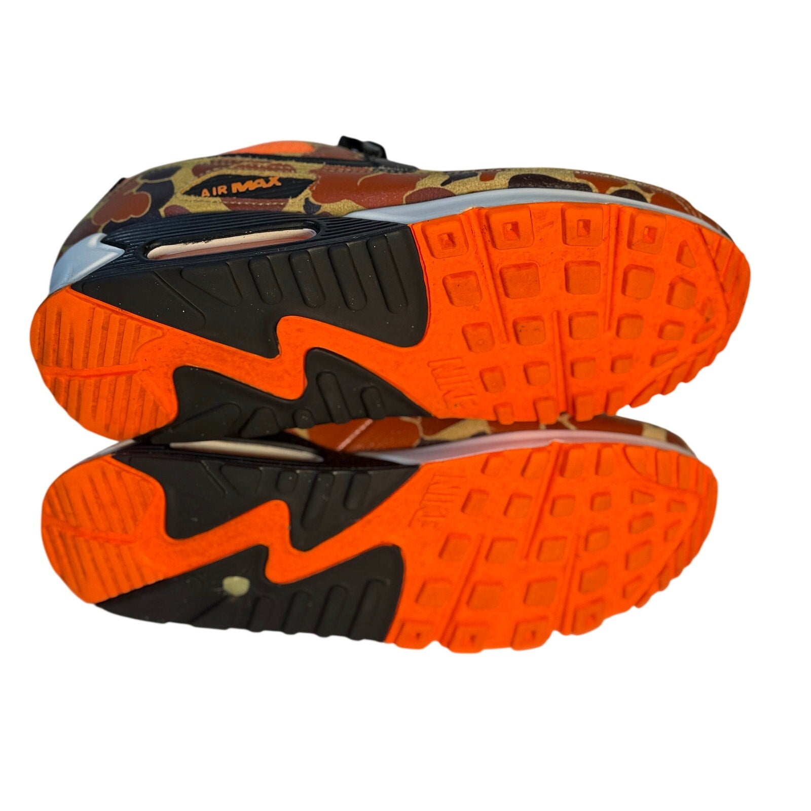 Nike Air Max 90 orange camo black sneakers for men, size 11, showing the stylish design and vibrant color pattern.