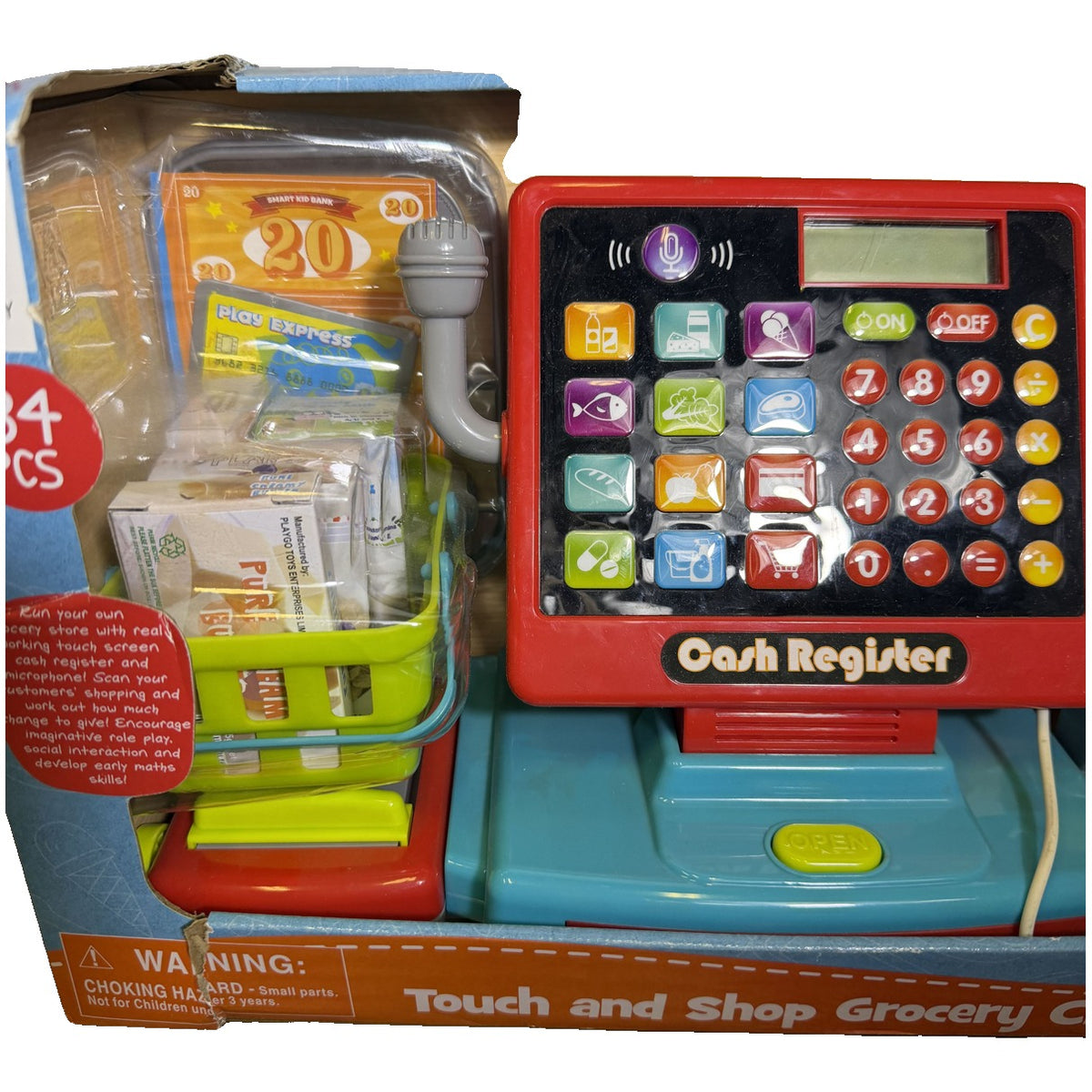 PlayGo Touch and Shop grocery checkout toy set with cash register, scanner, microphone, and play money for pretend play.