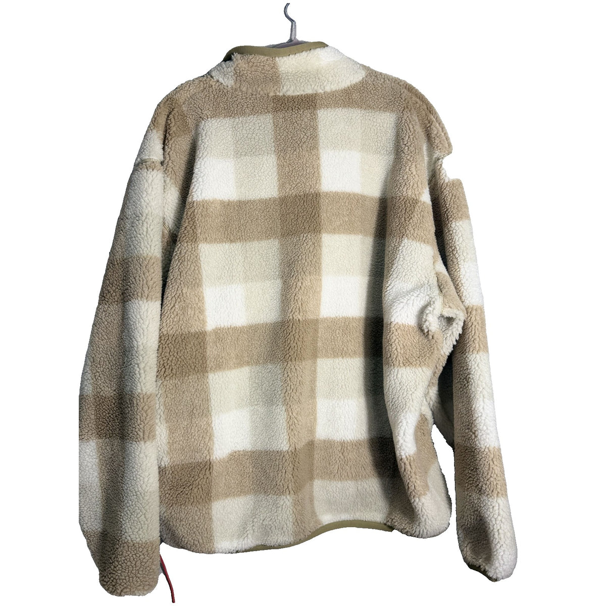 Men's Nike Club Sherpa plaid half-zip pullover jacket in khaki and cream, featuring a cozy sherpa lining and half-zip front.